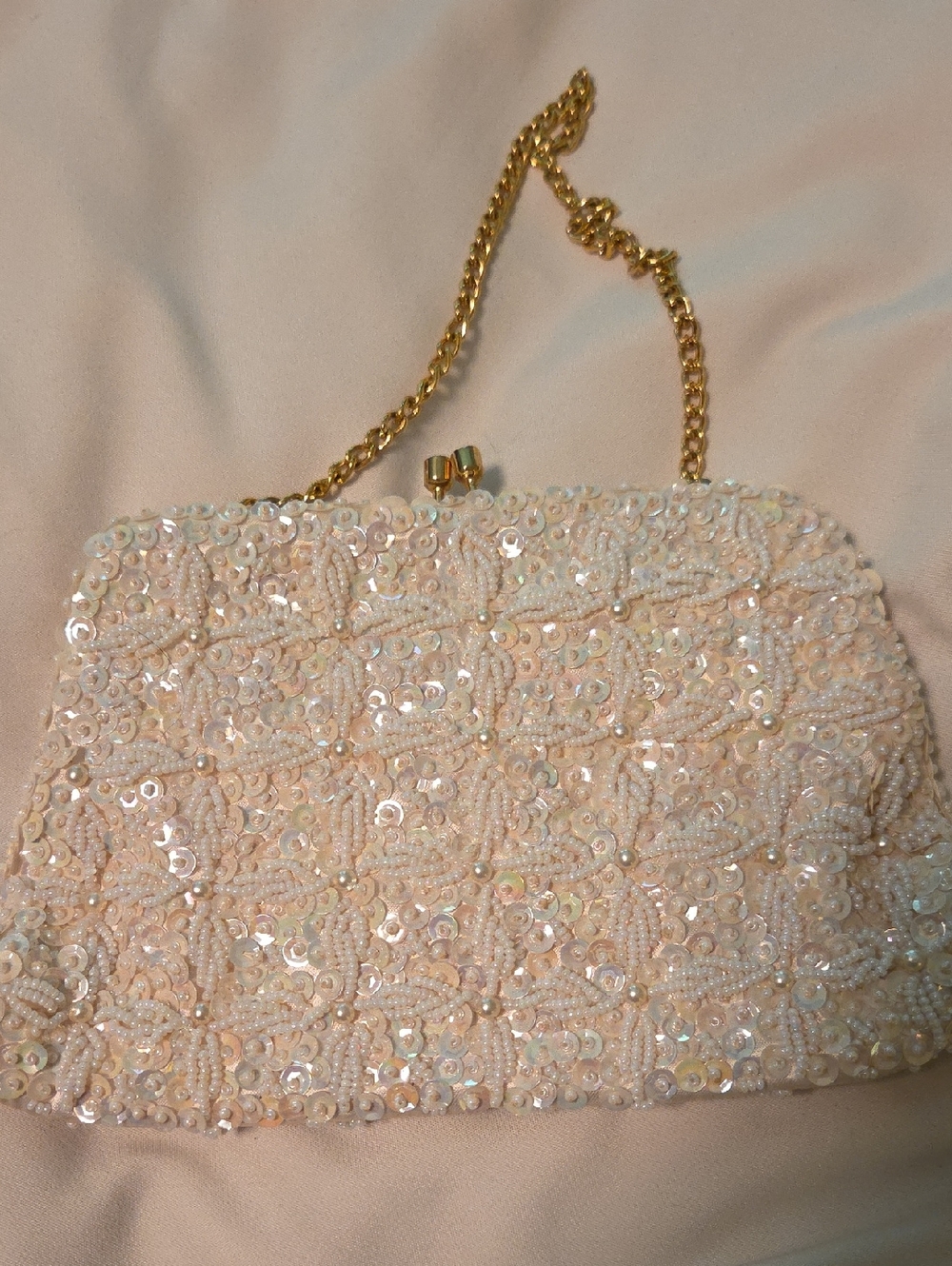 Ivory Sequin Beaded Evening Clutch with Gold Chain
